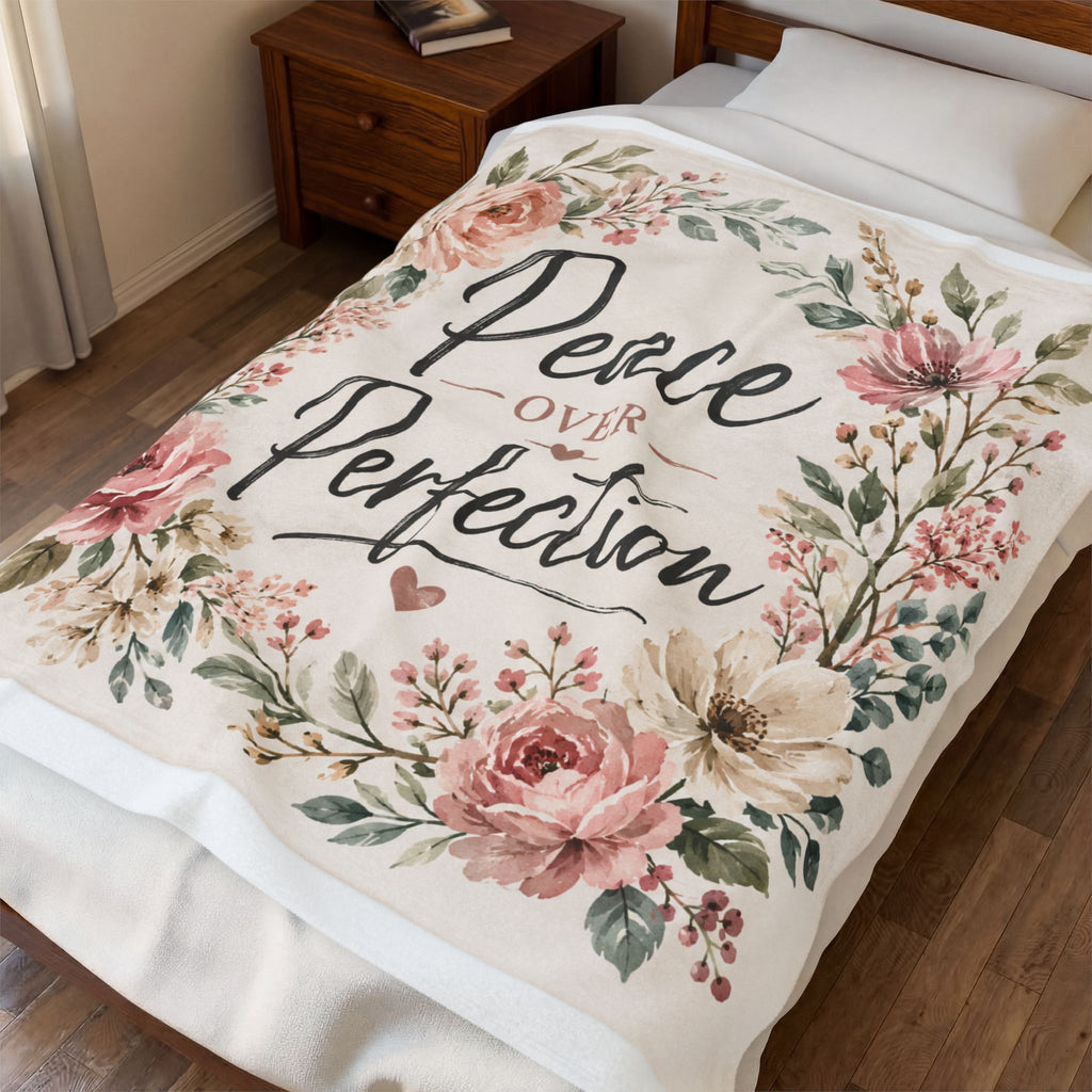 Peace Over Perfection Velveteen Plush Blanket — Floral Cozy Throw for Relaxation & Gift