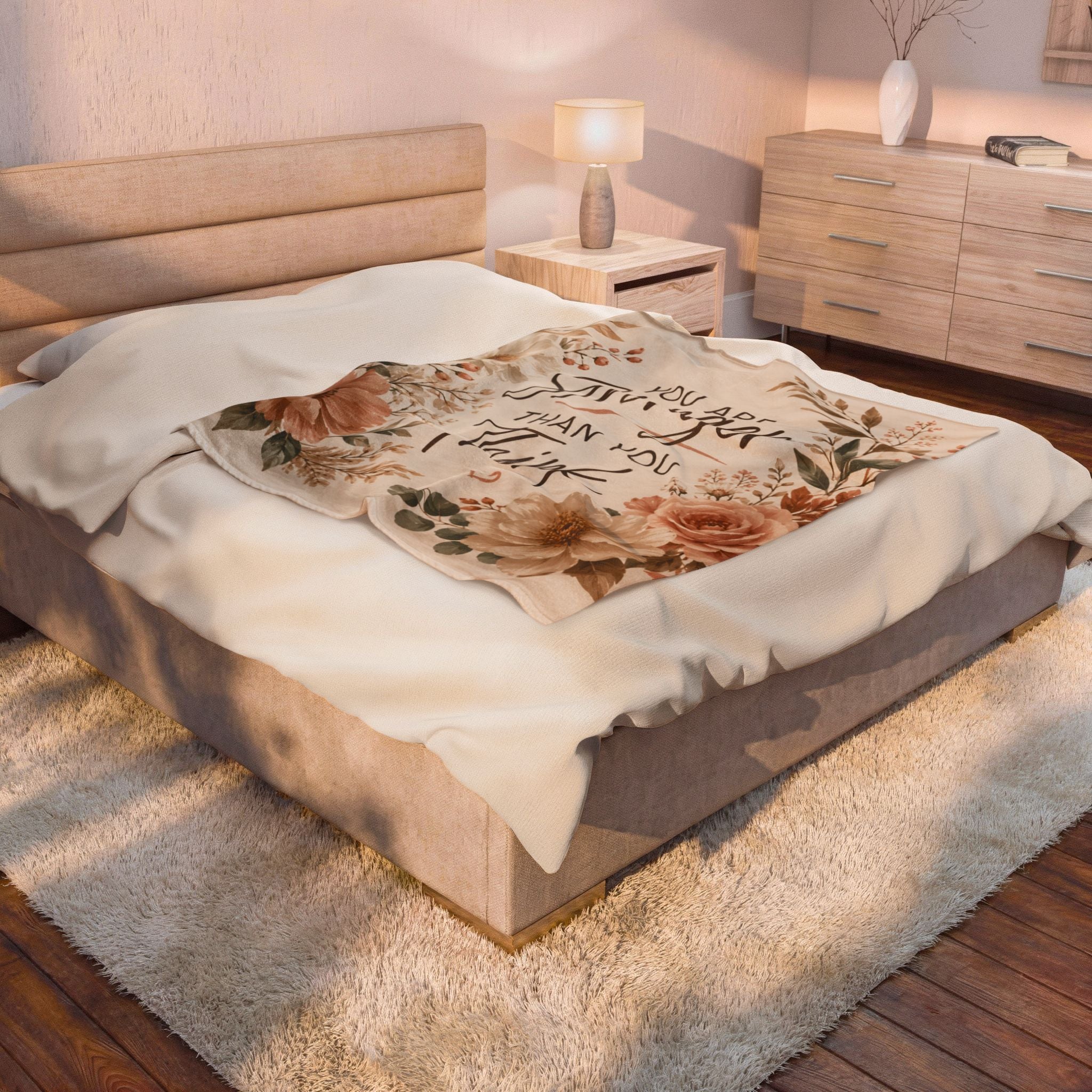 Velveteen Blanket – "You Are Stronger Than You Think" Floral Inspirational Throw