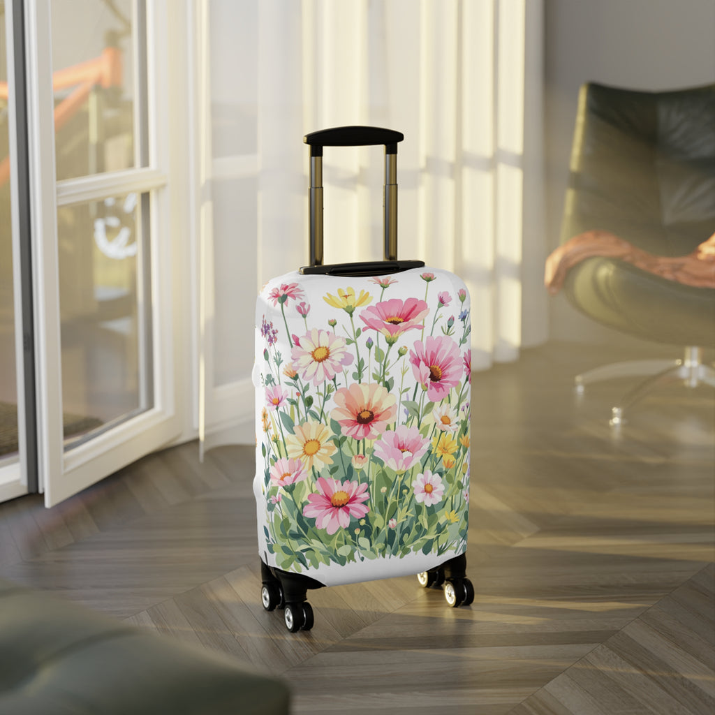 Floral Meadow Luggage Cover - Pink Wildflower Suitcase Protector